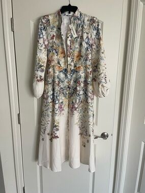 Commense Floral Button-Front Dress in Cream with Blue, Pink and Yellow Accents